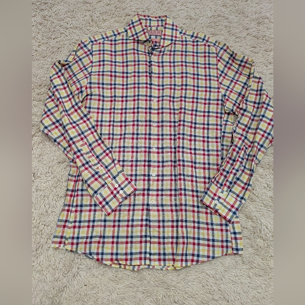 Thomas Pink Men's Colorful Plaid Linen Cotton Button Down Shirt